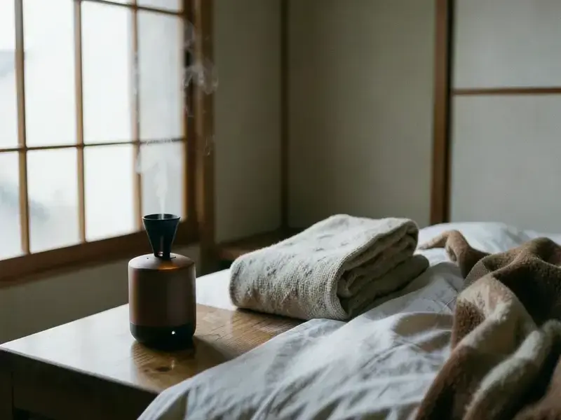 アロマディフューザーとインテリアのある寝室