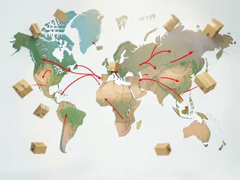 世界地図と配送ルートのイメージ